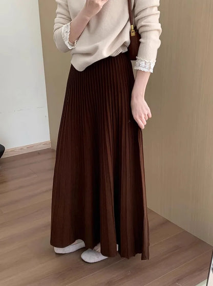 2026 Khaki Cashmere Knitted Midi Skirt for Women, Loose Fit, Draped, Slimming A-Line Pleated Skirt for Autumn and Winter