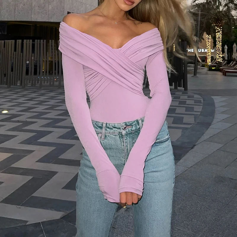 Chic Sexy Criss-cross Pleated Slash Neck Slim Fit Solid Color Basic 2024 Sexy Hot Female Long-sleeves High Waisted Bodysuit Tops.