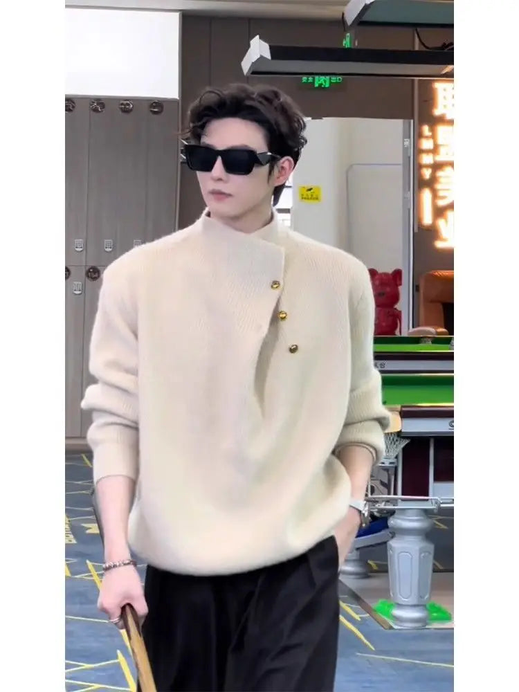 Irregular Button Turtleneck Sweater Men's Autumn and Winter Fashion Brand.