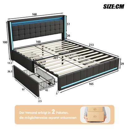 Lazyspace Leinen-Polsterbett mit 4 Schubladen, moderner Doppelbettrahmen mit LED-Beleuchtung und USB-Ladeanschluss, funktionelles Bett