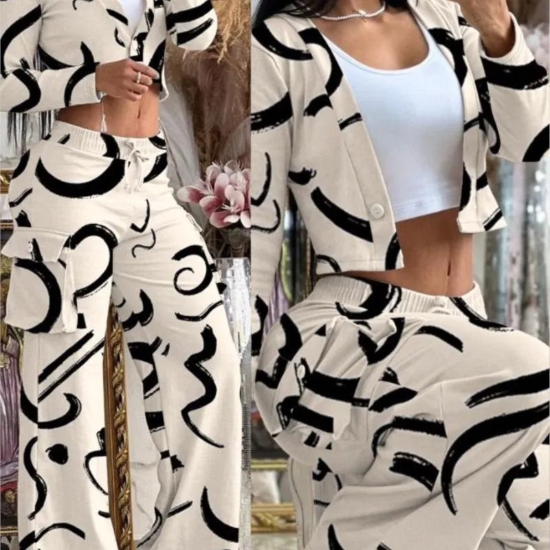 Autumn Fashionable And Elegant Solid Color Women's Suit Long-sleeved V-neck Short Coat Pocket Wide-leg Drawstring Trousers Suit.