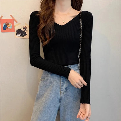 2025 einfarbig Schlank Pullover Koreanische Herbst Winter V-ausschnitt Pullover Mode Lässig Langarm Gestrickte Pullover Frauen Kleidung