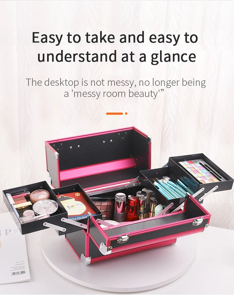 Makeup Train Case Pro Adjustable 4 Sliding Trays Cosmetic Case Storage Organizer Box Lockable Compartments.
