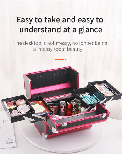 Makeup Train Case Pro Adjustable 4 Sliding Trays Cosmetic Case Storage Organizer Box Lockable Compartments.