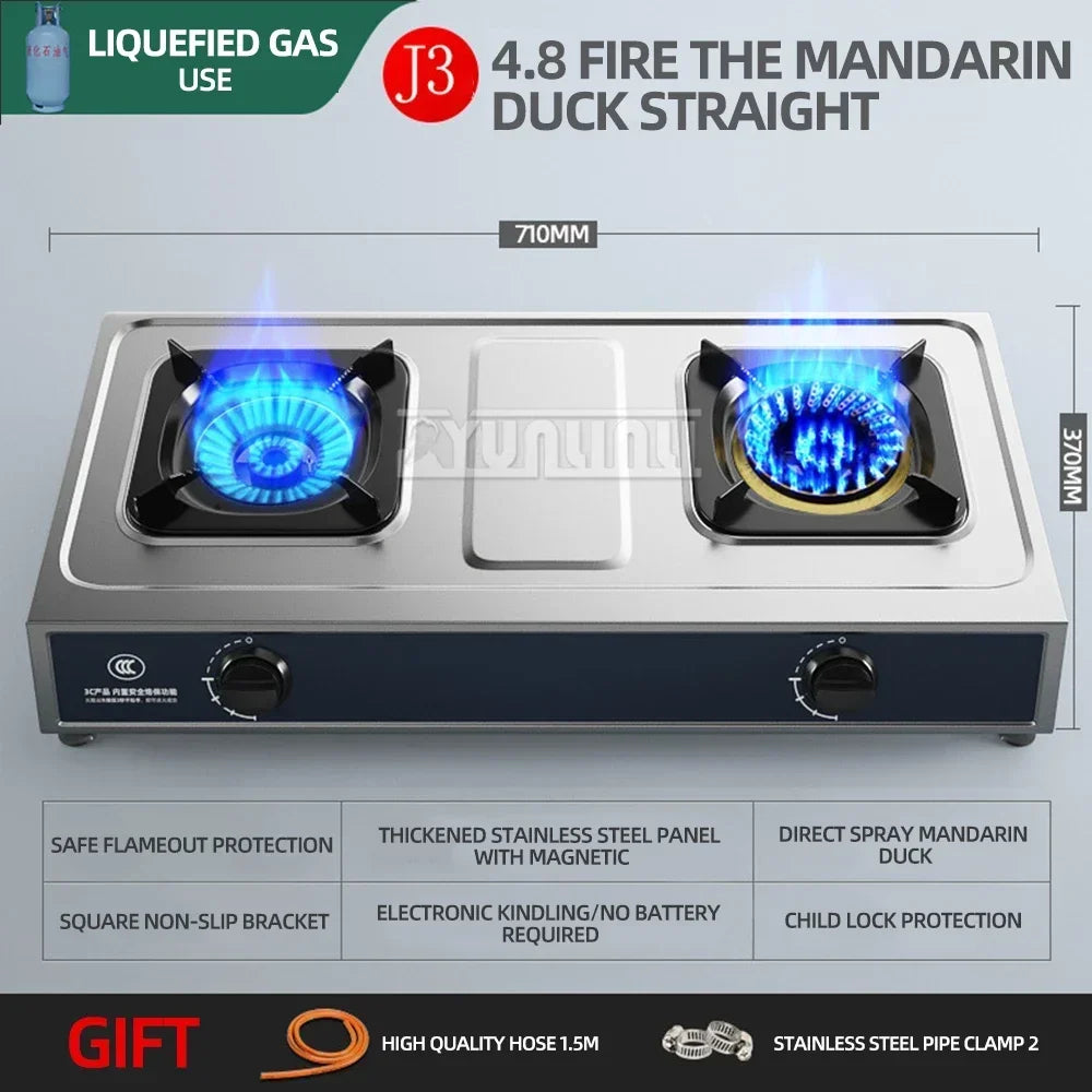 Desktop Stainless Steel Double Stove Household Bench Top Strong Fire Liquefied Natural Gas Stove.