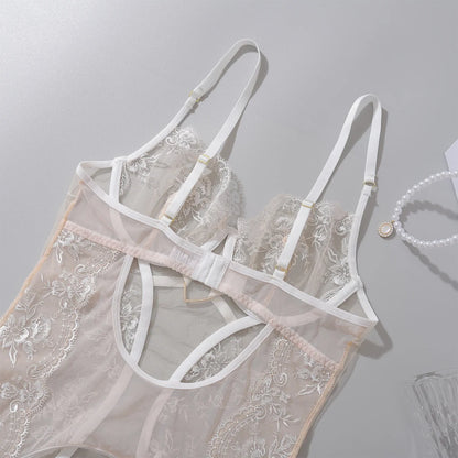 Sensual Lingerie Floral Lace Transparent Erotic Costume Bride Fantasy Sexy Crotchless Invisible Thongs Naked Sex Suit.