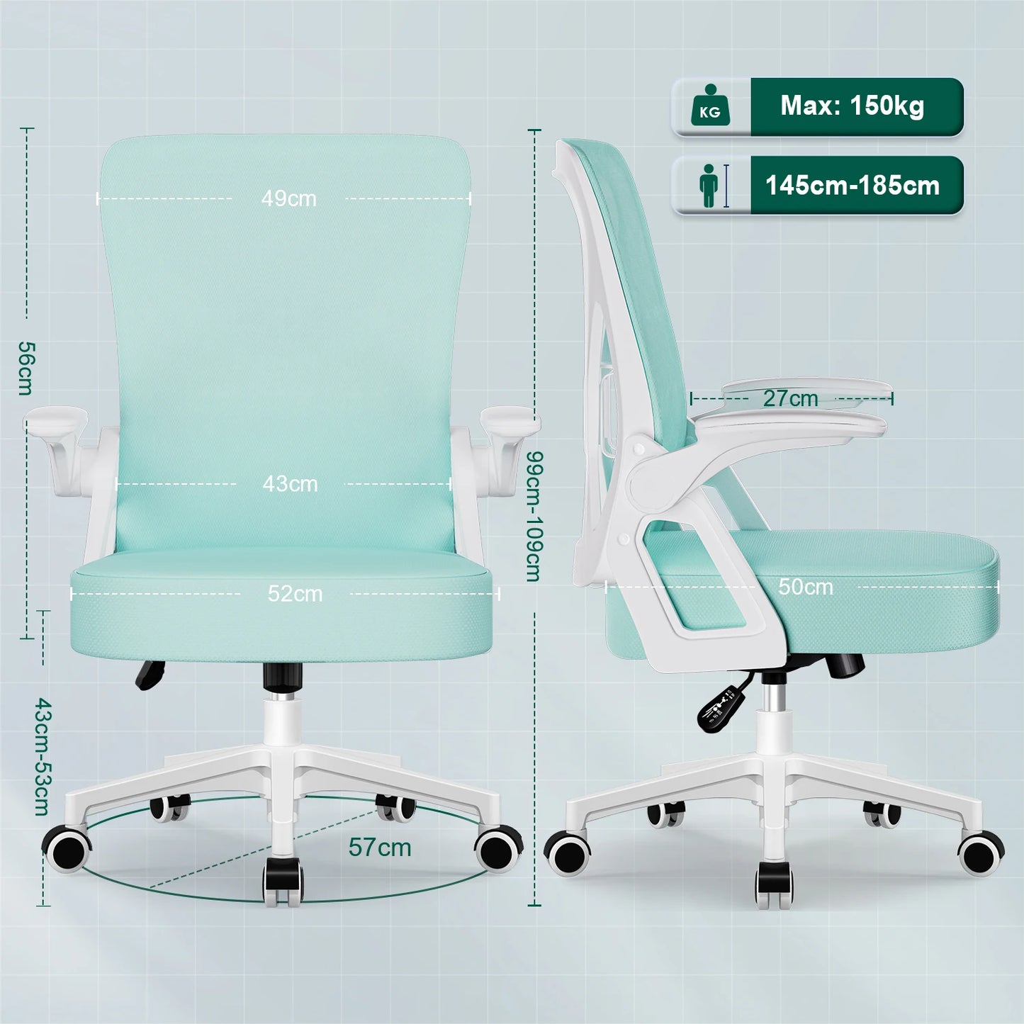 AUTHMIC Ergonomischer Netz-Bürostuhl mit Lordosenstütze, hochklappbaren Armlehnen, verstellbarer und höhenverstellbar für den Schreibtisch zu Hause – Blaugrün