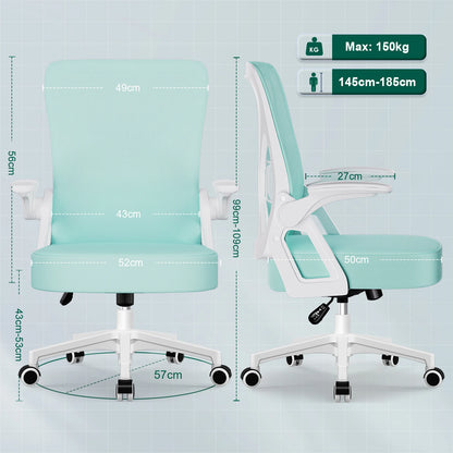 AUTHMIC Ergonomischer Netz-Bürostuhl mit Lordosenstütze, hochklappbaren Armlehnen, verstellbarer und höhenverstellbar für den Schreibtisch zu Hause – Blaugrün