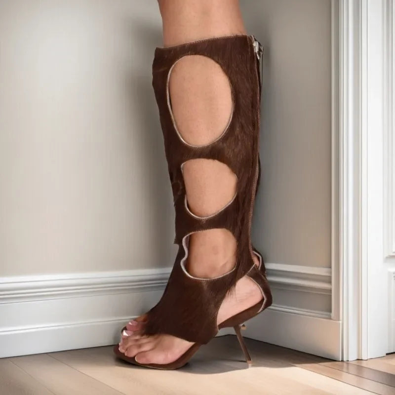 2025 New Luxury Women's Knee-High Boots | Real Horsehair Cut-Out Stiletto Heel & Rear Zipper | Evening Party Club Dress Shoes.