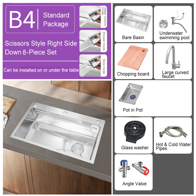 304 Stainless Steel Kitchen Sink Silver Embossed Large Single Slot Home Improvement Multifunction Wash Basin For Kitchen