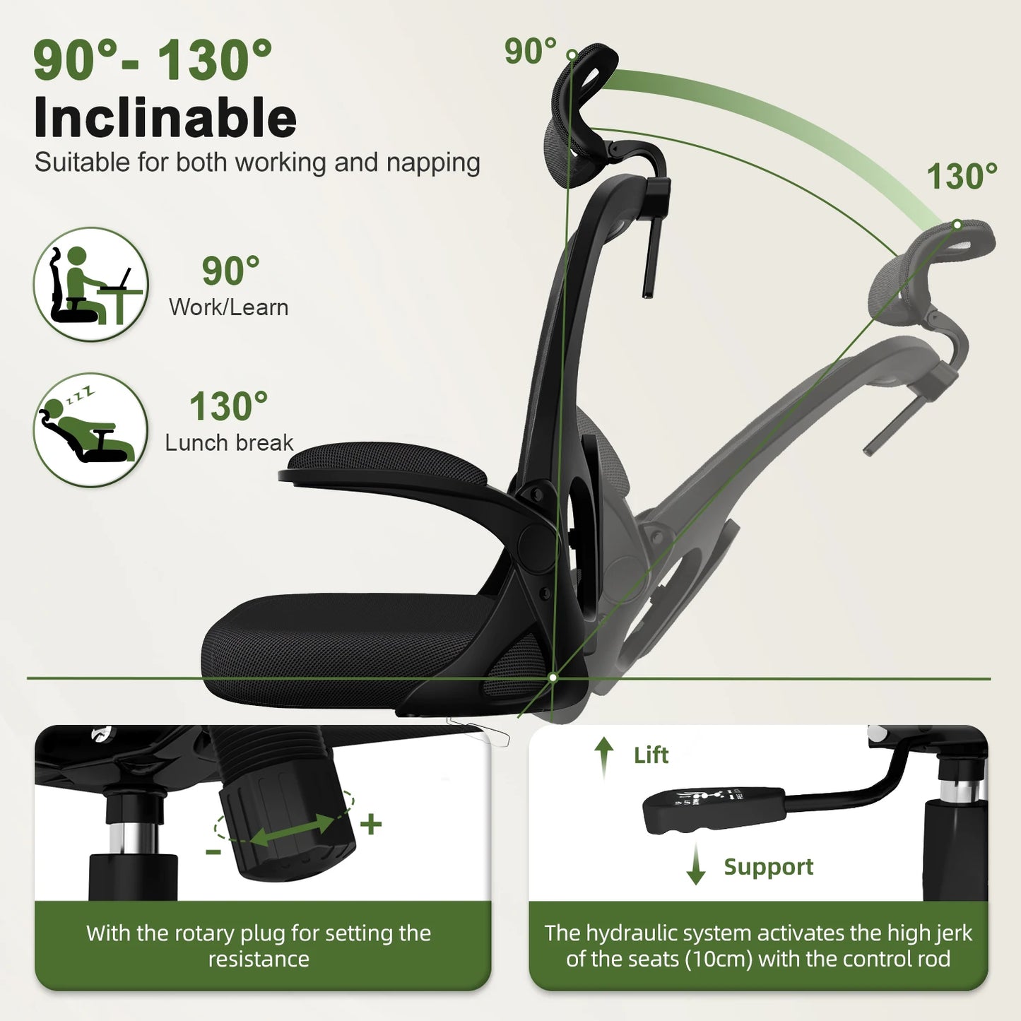 AUTHMIC Ergonomischer Bürostuhl, verstellbare Netzrückenlehne, verstellbare Lordosenstütze, hochdichter Schaumstoffsitz, Heimarbeitskomfort