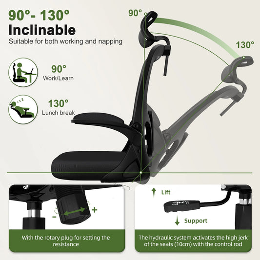 AUTHMIC Ergonomischer Bürostuhl, verstellbare Netzrückenlehne, verstellbare Lordosenstütze, hochdichter Schaumstoffsitz, Heimarbeitskomfort
