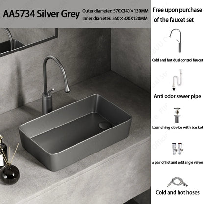 Rechteckiges silbergraues Porzellan-Keramikgefäßwaschbecken über der Theke, Toilette, Badezimmer-Schminktisch, Waschbecken, glasiertes weißes Waschbecken