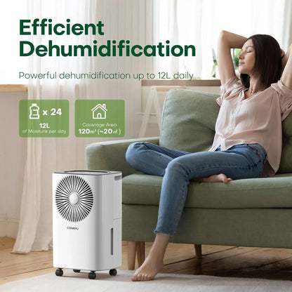 Dehumidifier Bedroom 12L/Day Continuous Drainage, 24H Timer, Automatic Defrost Humidity Control 2 Speed, Suitable for Room Home.