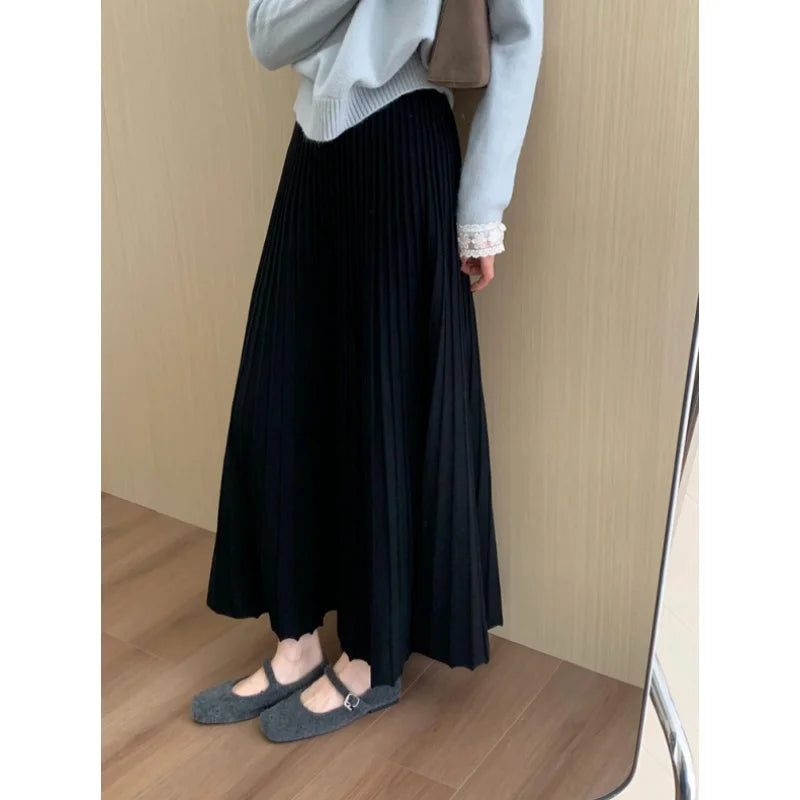 2026 Khaki Cashmere Knitted Midi Skirt for Women, Loose Fit, Draped, Slimming A-Line Pleated Skirt for Autumn and Winter