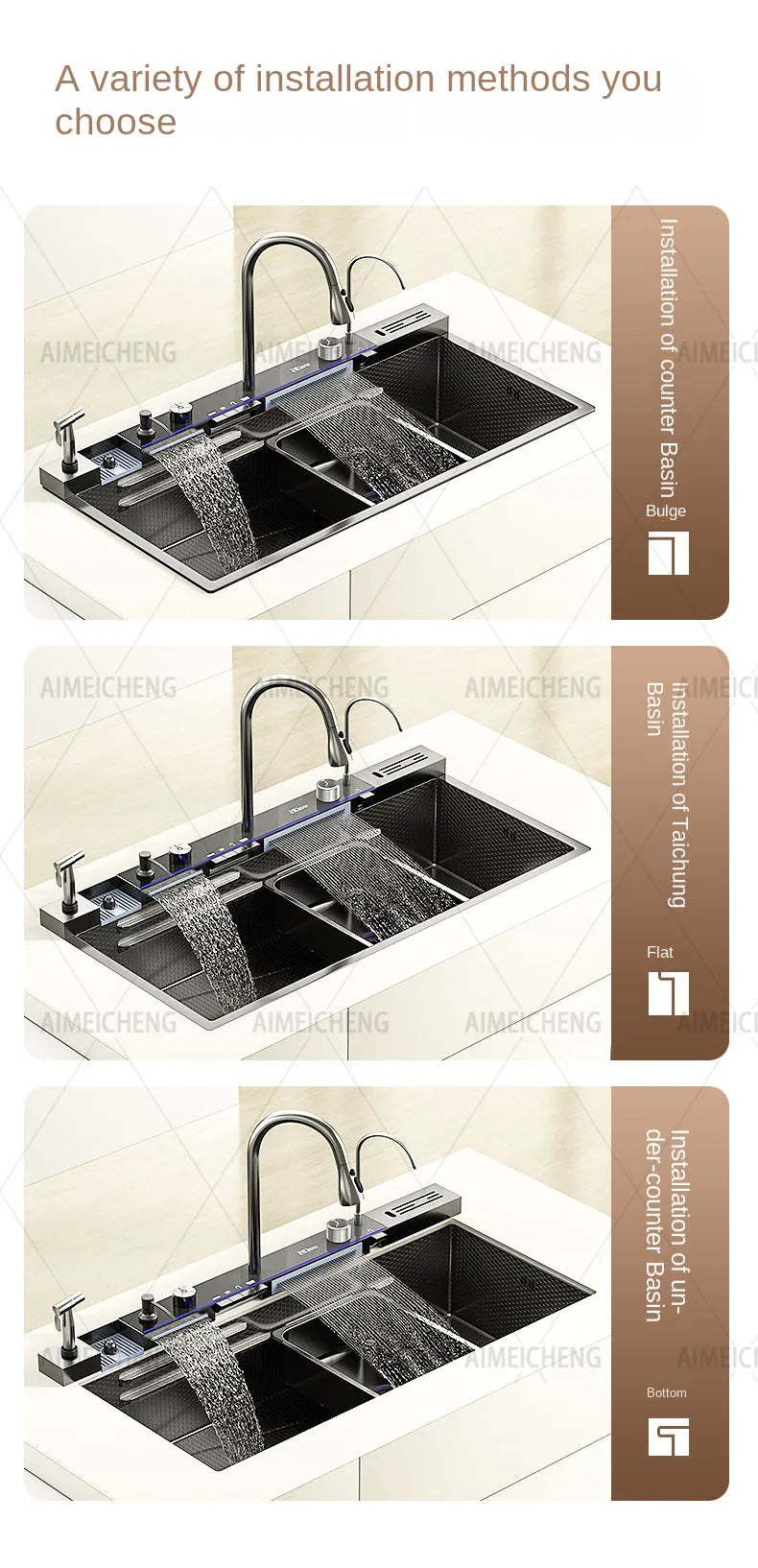 Heißer verkauf Edelstahl Wasserfall Küche Waschbecken Mit Messer Halter Digital Display Wasserhahn Set Geprägte Extra Große Einzigen Slot