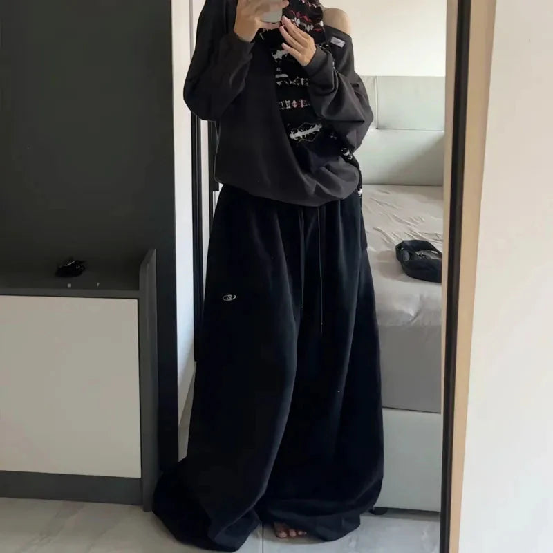 Oversize Cotton Pants Woman Y2K Casual Drawstring Trousers Korean Streetwear High Waist All Match Jogger Pants Grey Sweatpants.