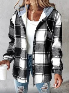 Neue Herbst und Winter frauen Plaid Jacke Mit Kapuze Mode Taste Strickjacke Top Tasche Casual Straße Vielseitige Jacke.