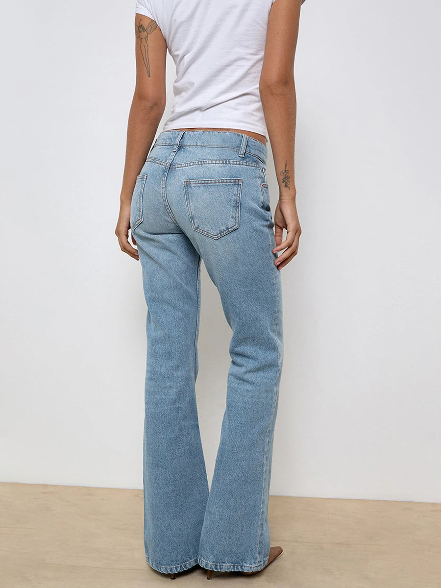 Fashion Womens Jeans Bottom Low Waist Zipper Button Solid Trousers with Pockets for Daily Casual Streetwear.