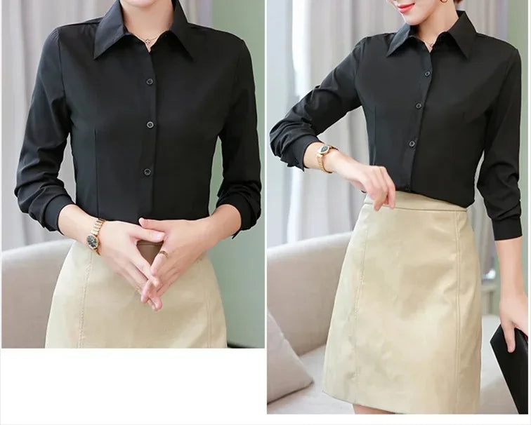 Elegant Women Shirts Woman White Shirt Long Sleeve Blouse Office Lady business Pink Shirts Button Solid Women work Blouses Tops.