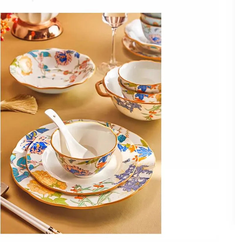 1PC Chinese-style Ceramic Plates New Flower-patterned Dinner Plates Ceramic Fruit Salad Plates Exquisite Kitchen Accessories.