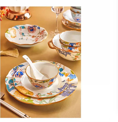 1PC Chinese-style Ceramic Plates New Flower-patterned Dinner Plates Ceramic Fruit Salad Plates Exquisite Kitchen Accessories.