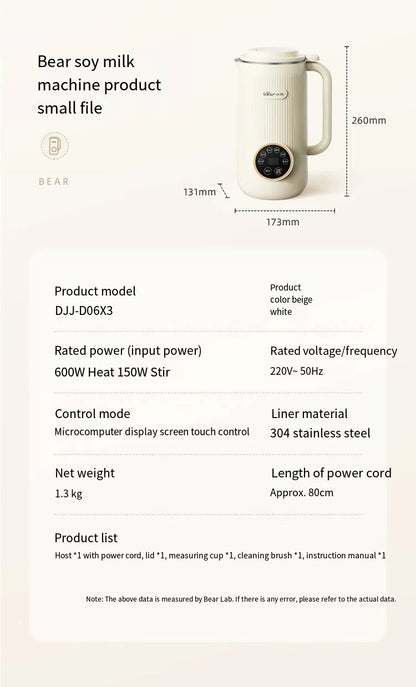 Bear 600ml Soy Milk Machine Maker Soybean Blenders For Kitchen Juicer Food Processors Nut Vegan Low Noise 220V Wall Breaking.