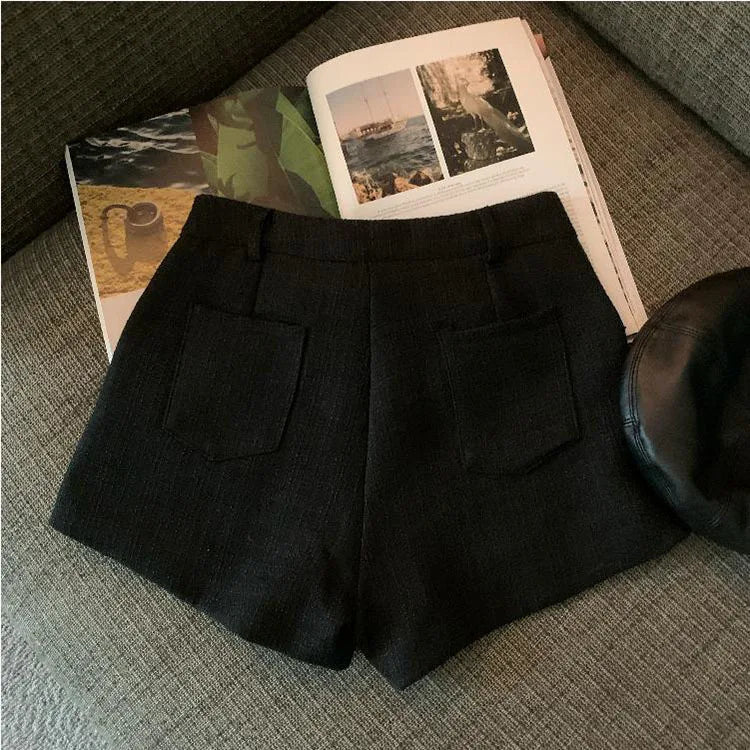 Fashion Tweed High Waist Women Shorts Autumn Winter Slim Office Woolen Black Shorts Women