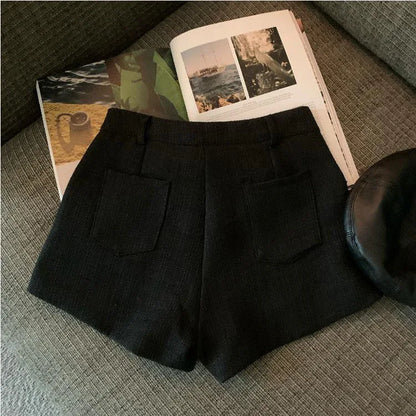 Fashion Tweed High Waist Women Shorts Autumn Winter Slim Office Woolen Black Shorts Women