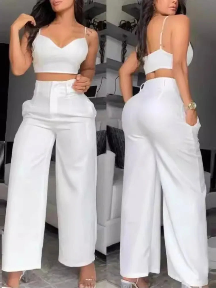Summer Sexy 2 Piece Set Women V-Neck Strap Shirred Slim Crop Top & Lace-up Wide Leg Pants Sets Elegant Holiday Lady Suit.