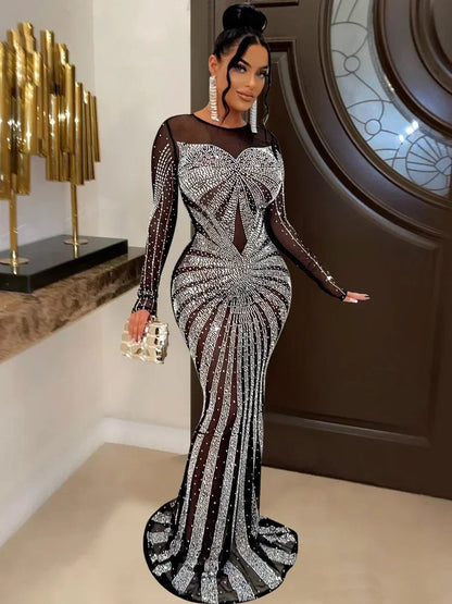 XIZOU Frauen Mesh Patchwork Diamanten Heißer Strass Bodenlangen Bodycon Meerjungfrau Maxi Kleid Sexy Party Abend Vestidos 2024