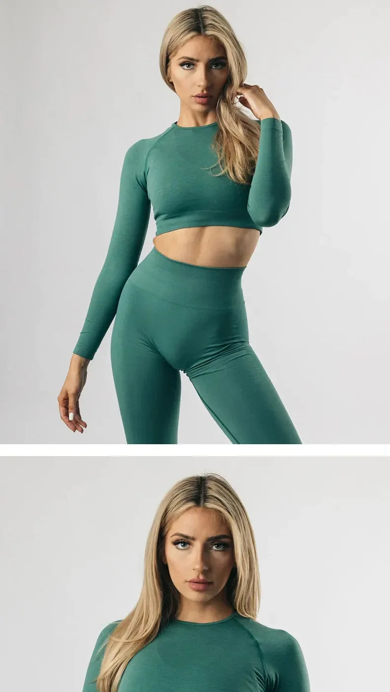 Plus Size Seamless High-Waisted Yoga Suit Long Sleeve Quick Dry Fitness Apparel Women's Promoting Legs Slimming Sportswear.