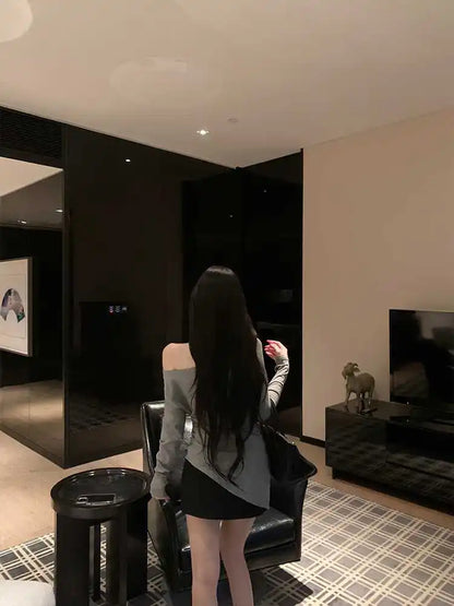 Sexy Long Sleeve T-Shirt Shoulder Bared Waist Cinched Slim Fit Knitted Cotton Solid Color Casual Urban Style for Early Autumn