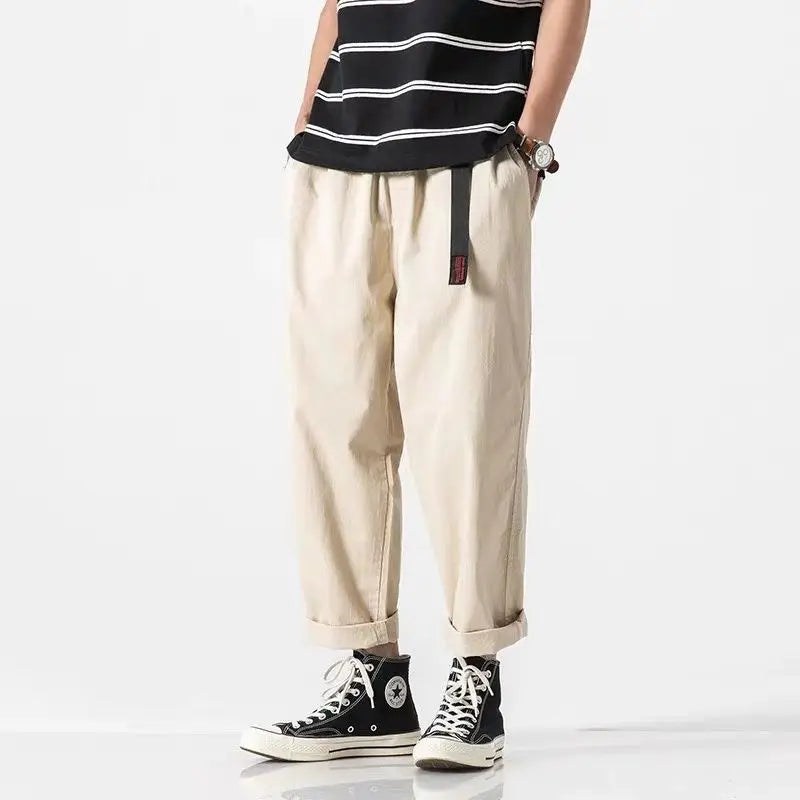 100% Cotton Casual Summer Pants With Belt Men Straight Baggy Ankle-Length Cargo Trousers Wide Leg Sweatpants Male Streetwear.