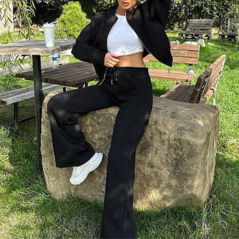 BKLD 2025 Casual Women's Tracksuit Sets Zip-up Loose Cropped Cardigan+Drawstring Sweatpants Solid Fashion Running Street Outfits.