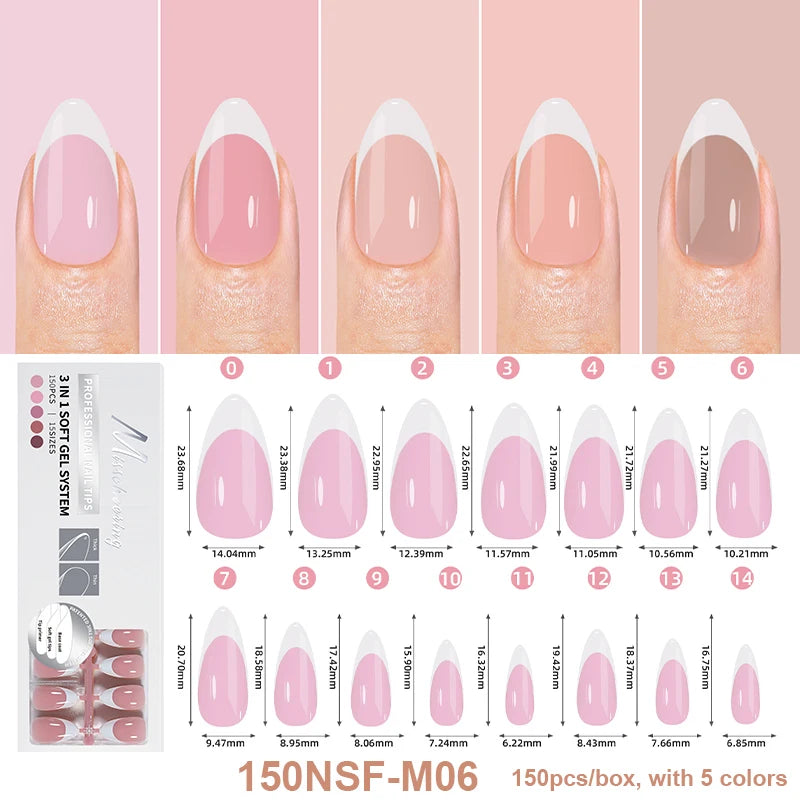 150Pcs/Box Acrylic Press on Nails Full Cover Fake False Tips Soft Gel Extension T-shaped Oval Capsule Almond Sculpted Salon DIY
