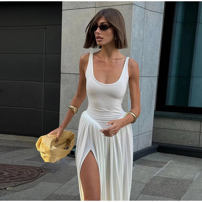 Schwarzes A-Linien-Langkleid für Damen, elegant, quadratischer Ausschnitt, plissiert, ärmellos, Sling-Maxikleider, 2025, Sommer-Dame, Urlaub, Party, Roben