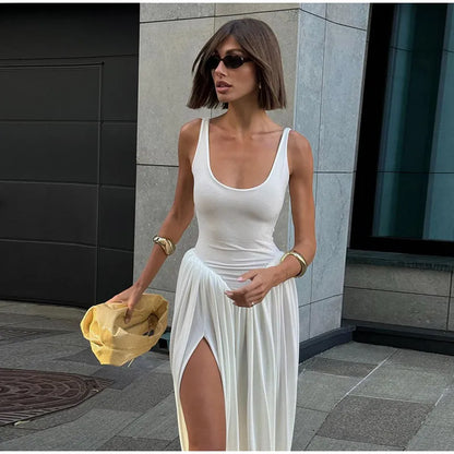 Schwarzes A-Linien-Langkleid für Damen, elegant, quadratischer Ausschnitt, plissiert, ärmellos, Sling-Maxikleider, 2025, Sommer-Dame, Urlaub, Party, Roben