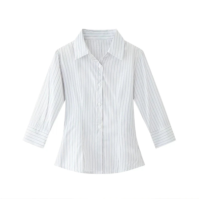Genayooa Korean Style Casual Shirt Women Three Quarter Striped Shirts 2000s Japanese Y2k Vintage Tops Slim Retro Shirts Summer.