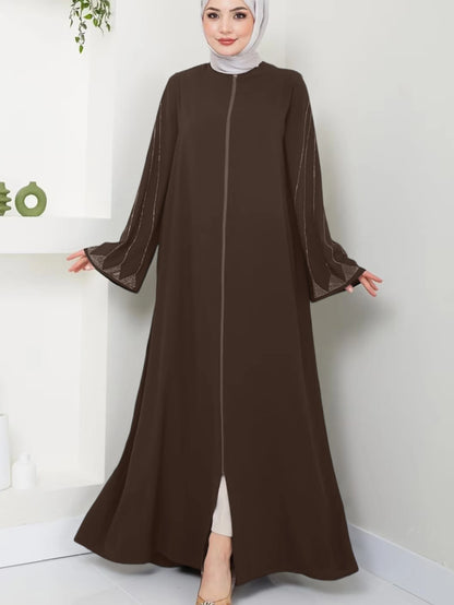 Muslim Fashion Women's Hot Diamond Long Sleeve Loose Coffee Style Elegant Dress.