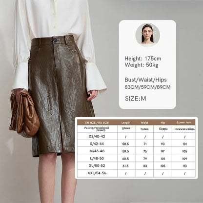 AMII Minimalist PU Leather Skirt For Women 2025 American Retro Knee-Length Skirt Solid Basics Business Women's Clothing 12553014