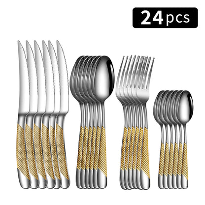 24pc Stainless steel tableware star steak knife and fork dessert fork spoon family suits.