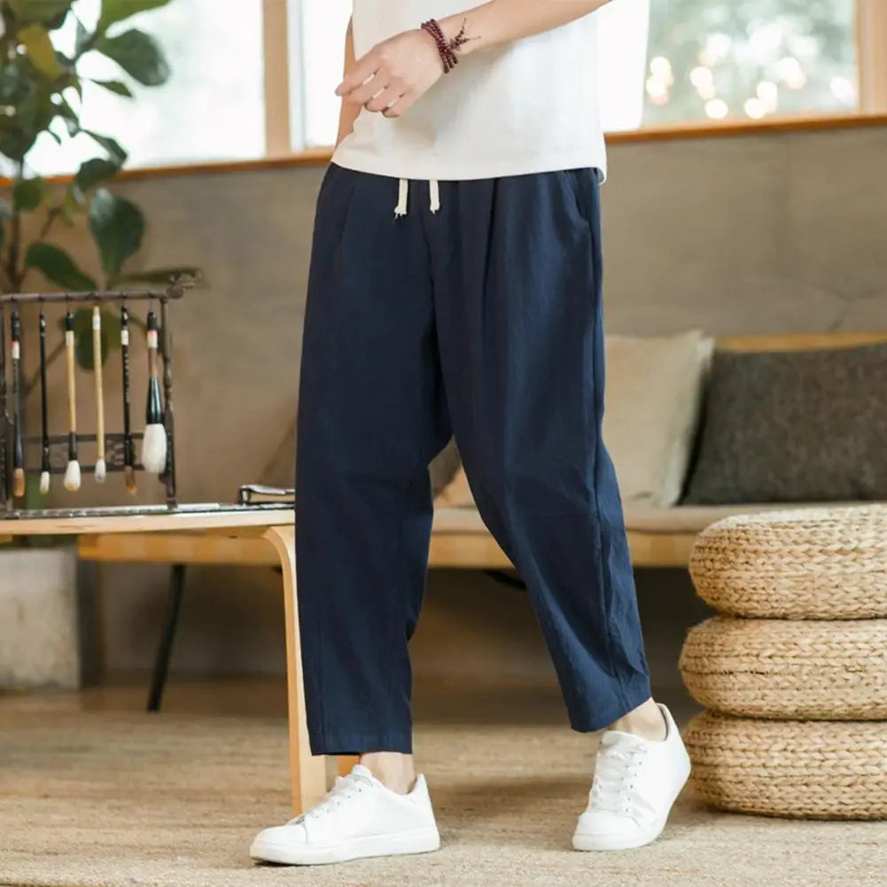 Men Cropped Trousers Men Casual Pants Men's Loose Straight Drawstring Ninth Pants with Elastic Waist Pockets Solid for Daily.