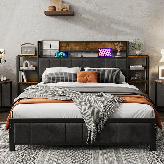 Metallbett 140x200cm, Flachbetten, Kopfteil mit Regal und 3 usb-anschlüsse, Metall+MDF+Velvet, Schwarz + Walnuss, ohne Matratze