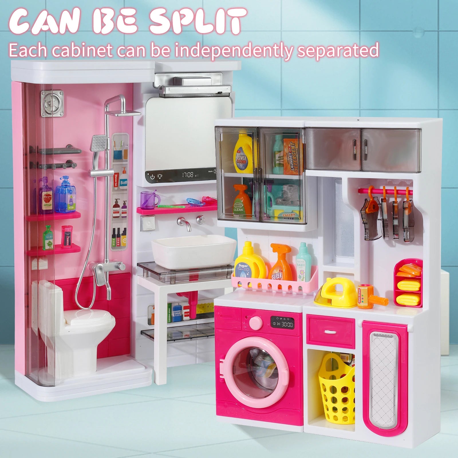 Pink Bathroom Playset with Shower, Vanity, Laundry Cabinet, and Ironing Board, Christmas/Thanksgiving/New Year Gift.
