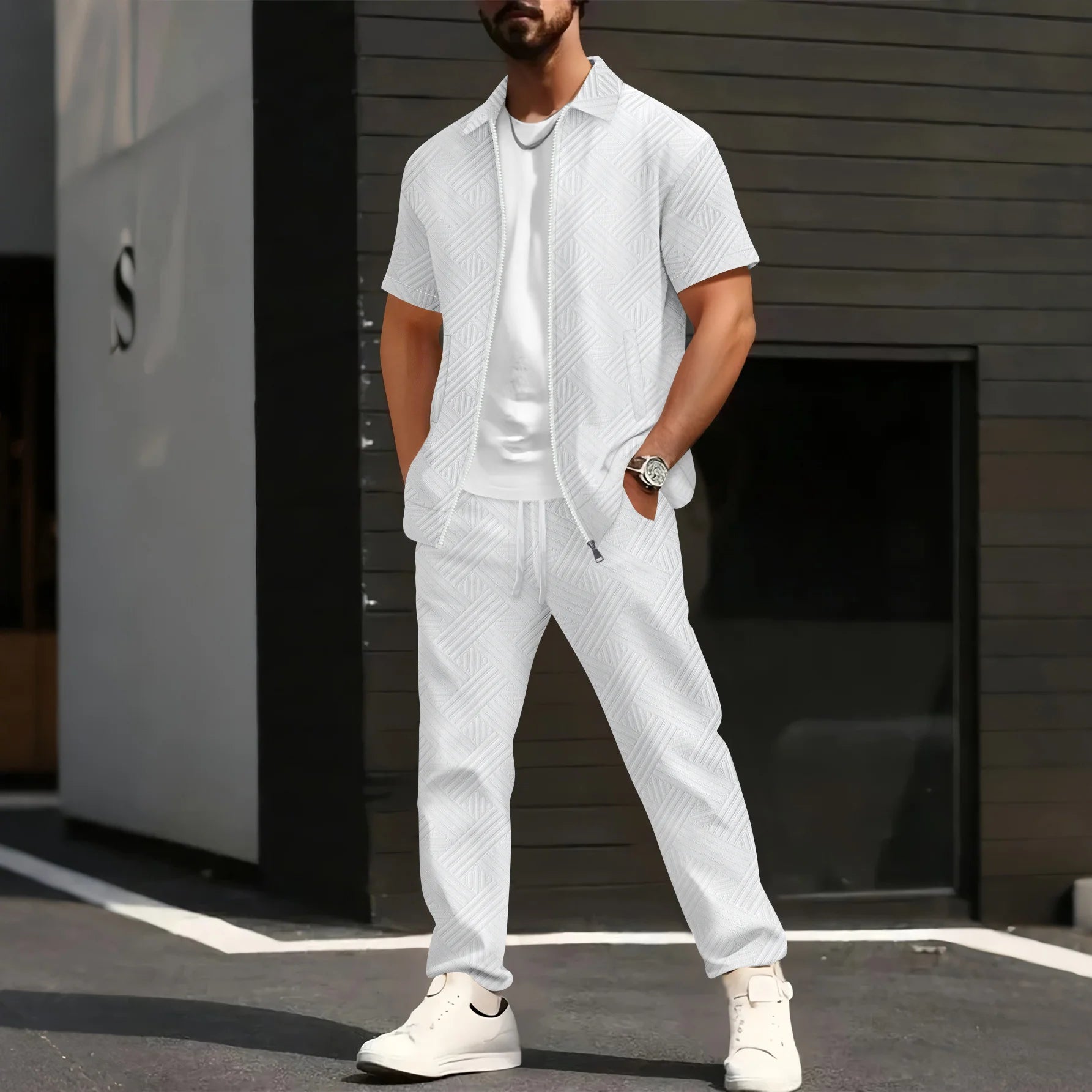 2025 Men's Casual and Fashionable short-sleeved jacket and shirt with solid-colored drawstring trousers two-piece set.