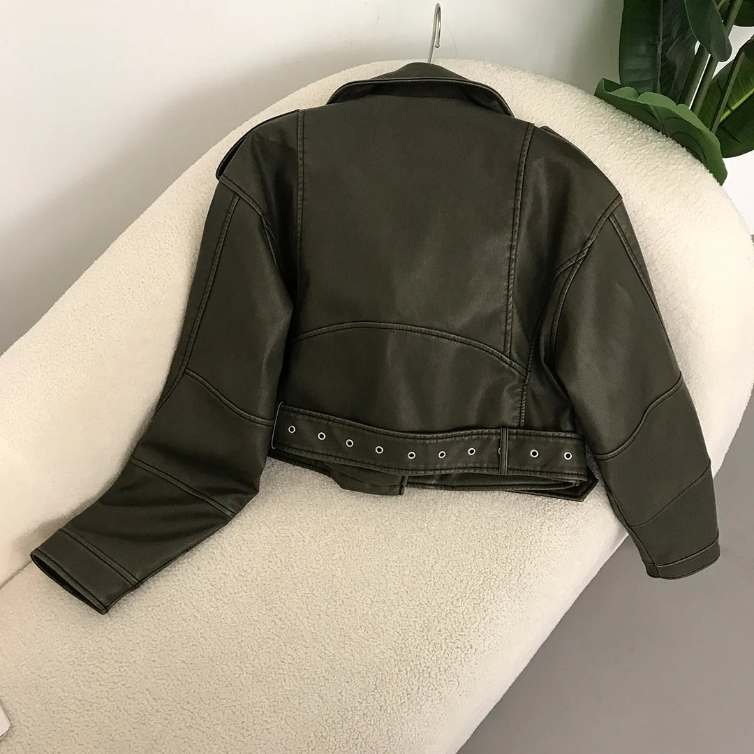 Neue Frühjahr Frau Faux Leder Jacke Chic Vintage Amerikanische straße tragen Kurze Revers Zipper Gürtel Biker Mäntel Mode Streetwear.