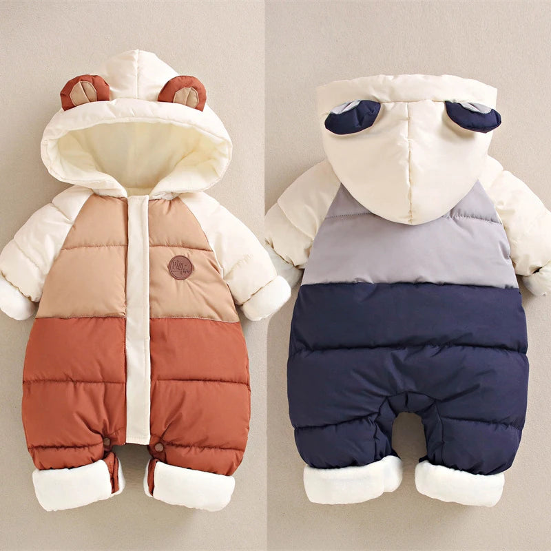 Winter Neue Baby Strampler Jungen Mädchen Patchwork Dicke Plus Samt Overalls Winddicht Mit Kapuze Overalls Schneeanzug Ein Stück Body.
