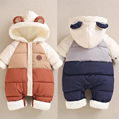 Winter Neue Baby Strampler Jungen Mädchen Patchwork Dicke Plus Samt Overalls Winddicht Mit Kapuze Overalls Schneeanzug Ein Stück Body.