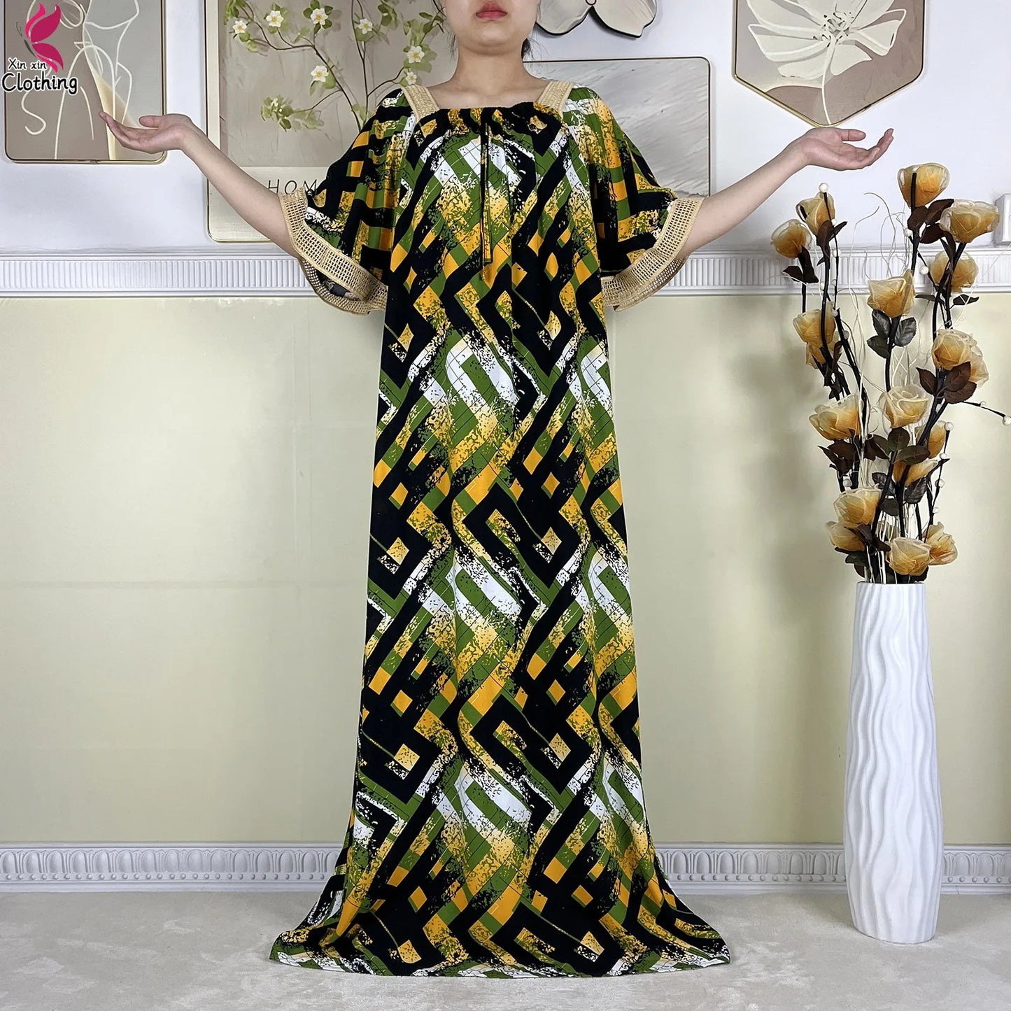 New Muslim Dubai Elegant Dress Summer Short Sleeve African Abaya Printing Cotton Loose Femme Robe Islamic Dresses With Scarf.